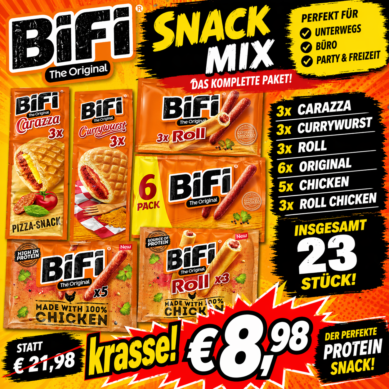 BiFi Snack Mix Vorteilspack – 23 Stück (Carazza, Currywurst, Roll, Original & Chicken) MHD Chargen 12/2025 sowie 04/05.2026 – Bild 2